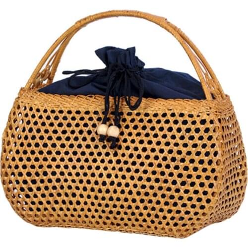Women Bamboo Bags Bohemian Female Summer Beach Handbag Lady Vintage Rattan Knitted Bag Hollow Handmade Woven Basket Tote