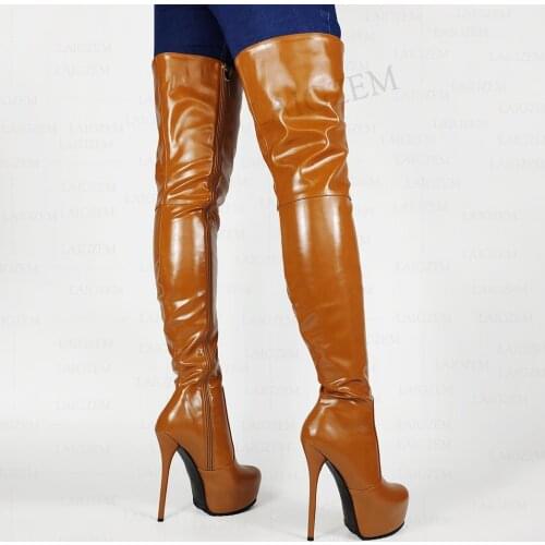 LAIGZEM Women Thigh High Boots Full Side Zip Stiletto High Heels Over Knee Boots Handmade Ladies Shoes Woman Big Size 41 46 52