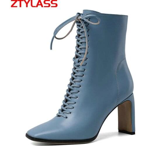 2021 Square Toe Women Boots Faux Leather Square High Heel Ankle Boots Lace Up Zipper Autumn Winter Boots