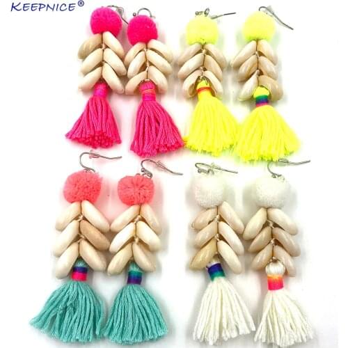 New handmade Ethnic dangle earrings with cotton tassel charm earrings pompoms ball pendant summer style for women