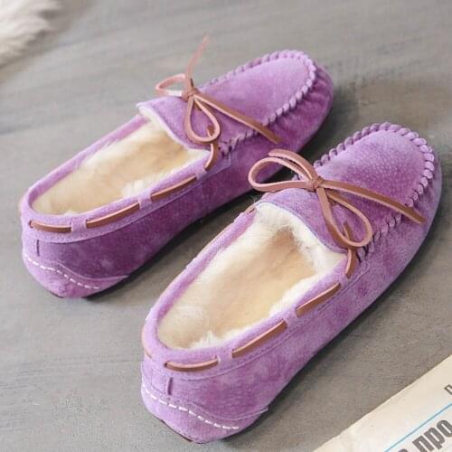 Womens Flat Shoes Casual Slip On Loafers Suede Bowtie Velvet Round Toe Warm Winter Thicken 13Colors