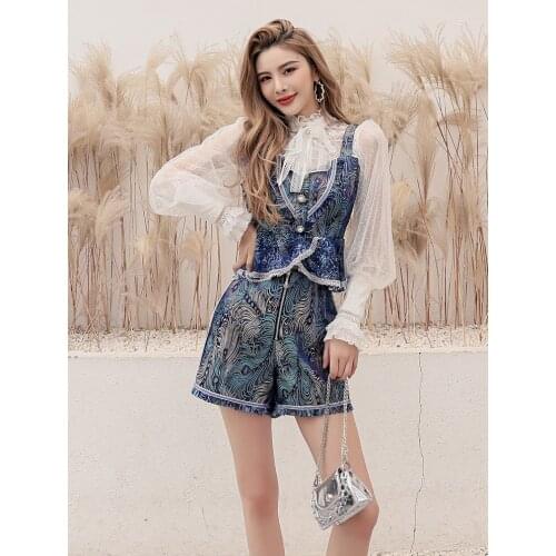 High Quality Designer Clothing Sets 2021 Autumn Short Set Women Lace Patchwork Long Sleeve Shirts+Vintage Jacquard Print Shorts