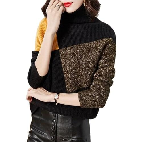 Stitching colour Turtleneck Sweater Women Autumn Winter Loose Bat Sleeves Knitted Pullover Fashion Long Sleeve Bottoming KW1027