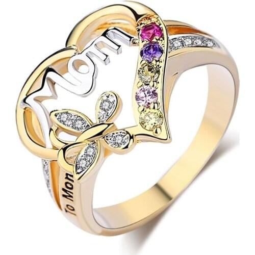 Women Fashion Heart-shaped Love Mum Ring Two Tone Gold Zirconia Jewelry Best Gift for Mother Mummy Band Rings