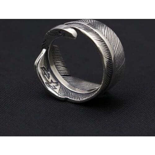 12.3g Solid 925 Sterling Silver Feather Eagle Desgin Cuff Ring Men Vintage Indian Style Antique Thai Silver 925 Jewelry Men Gift