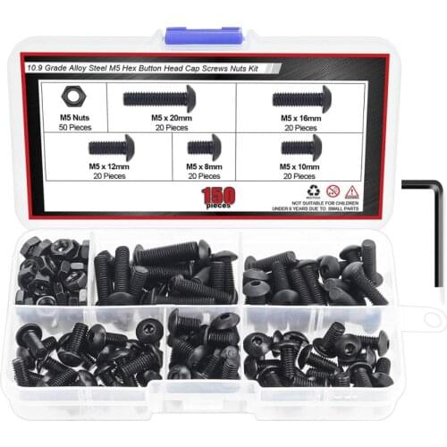 150 Pieces M5 x 8mm/10mm/12mm/16mm/20mm, 10.9 Grade Alloy Steel Hex Button Head Cap Bolts Nuts Kit with Hex Wrench