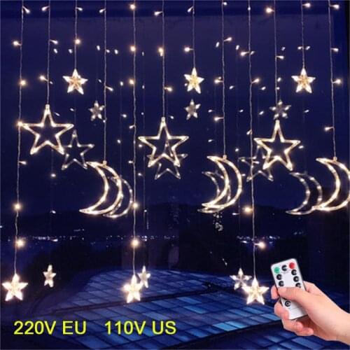 220V EU Plug 3.5M LED Moon Star Fairy Curtain Light Christmas Garland String Lights Lamp For NEW YEAR Wedding Decoration