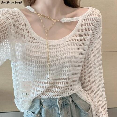 Hollow knitted T-shirt Chain Long Sleeve Top Thin Loose Off The Shoulder Femme Tee Fashion Woman Blouses 2021 Black White Shirt