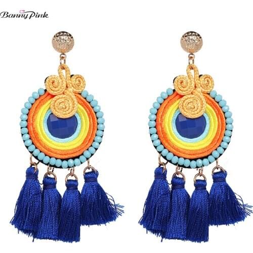 Banny Pink Tassel Earrings For Women National Element Multilayer Fringed Earrings Handmade Statement Pendant Dangle Drop Earring