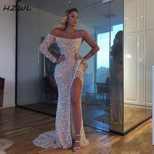 Aso Ebi Sparkly Sexy Prom Dresses High Split Sequined One Shoulder Mermaid Evening Dress Dubai Formal Party Gowns Vestidos