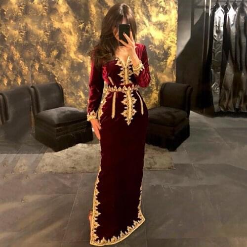 Burgundy Morocco Caftan Muslim Evening Dresses V Neck Mermaid Prom Dress Velvet Long Sleeve Formal Evening Party Dress