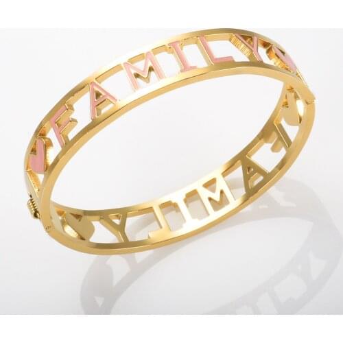 Hollow Pink Color I LOVE FAMILY Letter Bangle Bracelet Gold Plated Cuff Bangle For Women Men Wristband Jewelry Gift
