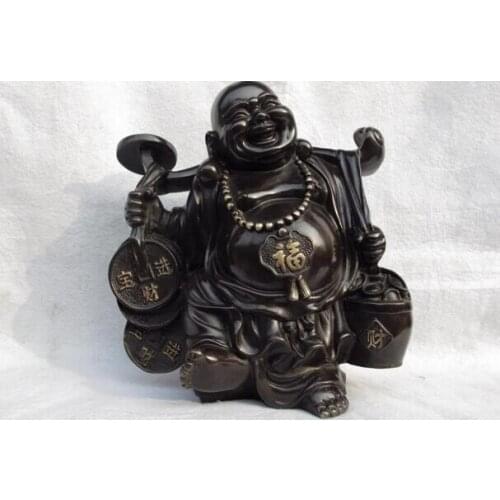 Fast shipping USPS to USA S0802 Chinese Buddhism Temple Bronze Copper Money wealth aFINEat Maitreya Buddha Statue