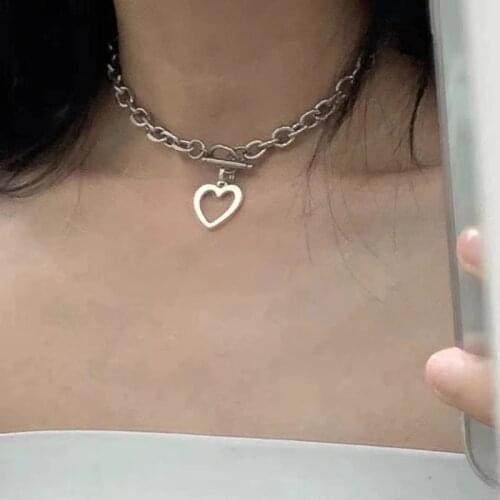 HuaTang Fashion Simple Love Heart Pendant Choker Necklace for Women Silver Color Clavicle Chain Female Party Jewelry on the Neck