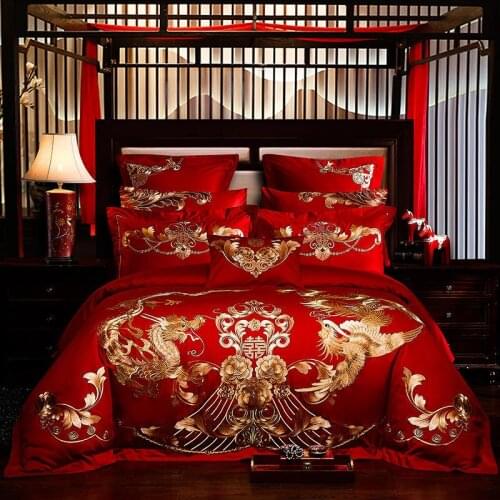 Royal Gold Loong Phoenix Embroidery Bedding Set Luxury Chinese Wedding Princess Red Duvet Cover Bed Sheet Pillowcase Cotton