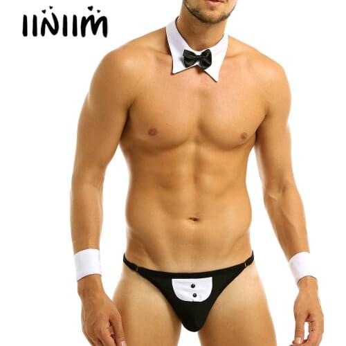 Mens Male Waiter Lingerie Sexy Clubwear Bowknot Open Back Tuxedo Gay Sexy String Homme Underwear with Bow Tie Collar Bracelets