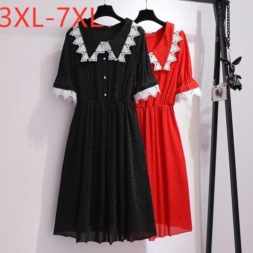New 2021 summer plus size dress for women large short sleeve loose casual red black lace cute pleated dresses 4XL 5XL 6XL 7XL