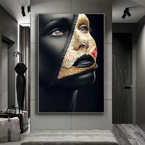 African Black Gold Woman Canvas Painting Woman Face Zipper Print Posters Modern Nordic Wall Art Pictures Aesthetic Room Decor