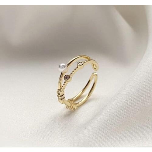 Luxurious Gold Geometric Pearl Opening Ring Elegant Womens Wedding Engagement Ring Jewelry Fashion Lady Party Accessories