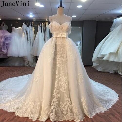 JaneVini Luxury Beaded Mermaid Wedding Dresses with Detachable Train Lace Off Shoulder Removable Skirt Dubai Bridal Gowns 2 in 1