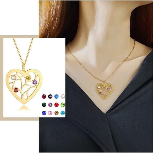 Family Tree Birthstone Personalized Necklaces for Women Female Heart Pendant Colorful Birth Stones Keepsake Gifts Jewelry