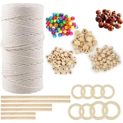 Macrame Rope,3mm Macrame Cord Cotton Cord Rope with Wood Beads Wood Ring Wooden Stick for Home Decor DIY Plant Hangers