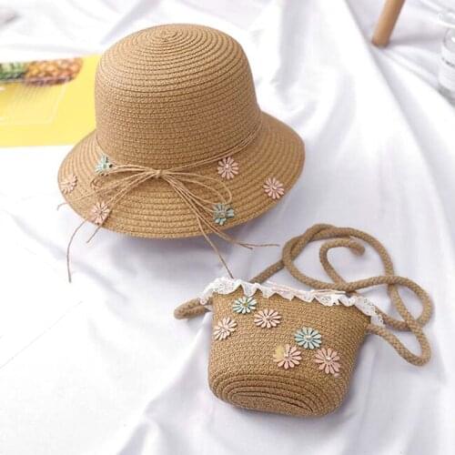 XEONGKVI Fashion Flower Children Sun Hats Bud Silk Bags Suit Summer Beach Straw Hats For Girl Bucket Caps Head 51-52cm