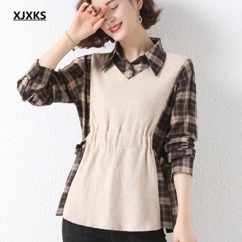 XJXKS Fashion lapel women plaid stitching wool women fake two-piece sweater 2021 spring autumn new women sweater