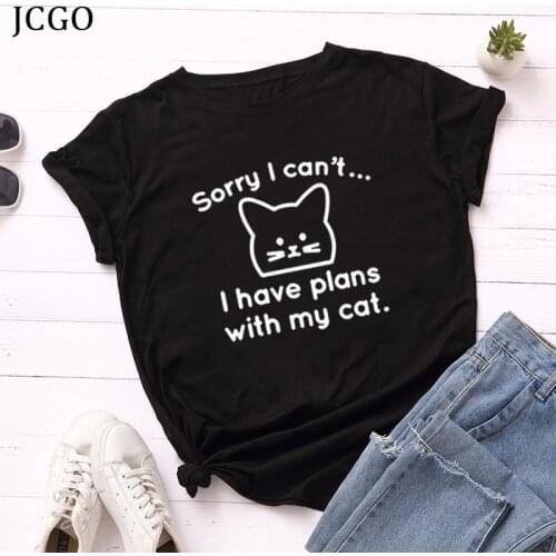 JCGO Women Summer Cotton T Shirt Short Sleeve Funny Cat Letters Print Woman Loose Casual Tshirt S-5XL Plus Size Lady Tops Tees