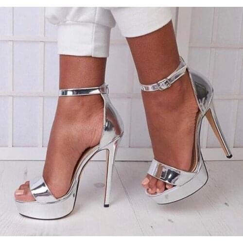 Moraima Snc Silver Leather High Heel Sandal Woman Summer Open Toe Ankle Strap Platform Heels Super High Party Dress Shoes