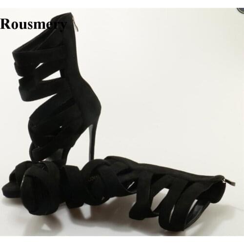 Women Fashion Open Toe Black Strap Cross Ankle Boots Cut-out Stretch Elastic High Heel Short Gladiator Sandals Boots
