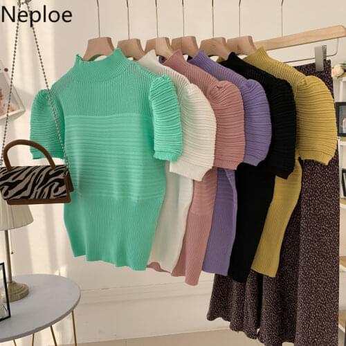 Neploe Women Pullovers Half Turtleneck Knitted Sweater Summer Puff Short Sleeve Solid Jumper Shirts Korean Hollow Out Slim Top