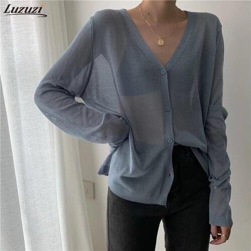 Luzuzi Knit Sweater Women Long Sleeve Cardigan Summer Cropped Cardigan Knitted V neck Thin Ice Silk Sweaters Sunscreen Shirt Top