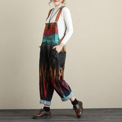 New Autumn Washed Vintage Jeans Strapless Playsuits Painted Rompers Womens Jumpsuit Drop Crotch Wide Leg Trousers Female