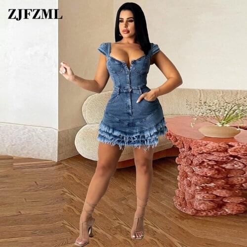Womens Tassels Fur-lined Denim Dresses Vintage Single-breasted Cleavage Bodycon Dress Early Autumn Female Backless Vestidos