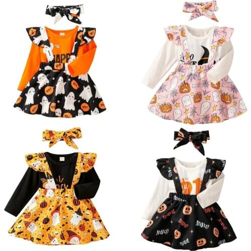 3Pcs Toddler Halloween Outfits Letters Long Sleeves Romper + Cartoon Suspenders Skirt + Hairband for Baby Girls 0-12 Months