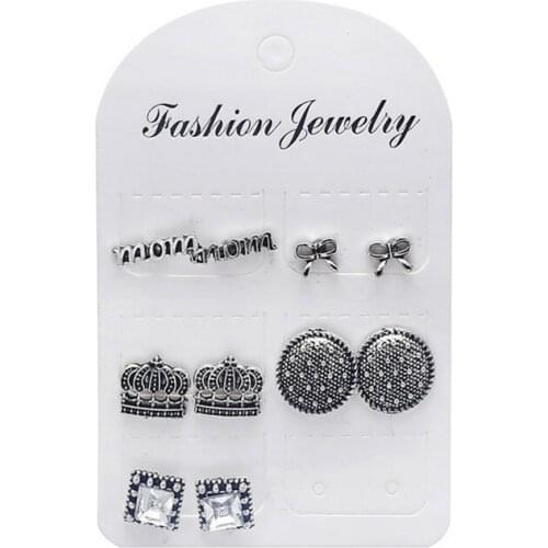 5 style Antique Silver Color Alloy mom Earrings For Woman Vintage Crystal Square Bow Crown Earrings Fashion Jewellery Wholesale