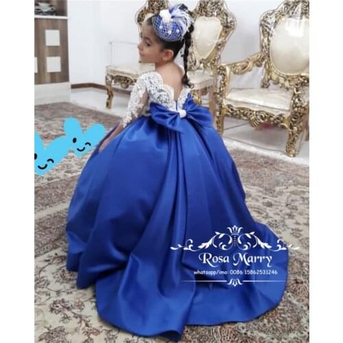 Luxury Ball Gown Girls Pageant Dresses For Weddings 2020 Vintage Lace Blue Knot Bow Plus Size Toddler Girls Birthday Prom Gowns