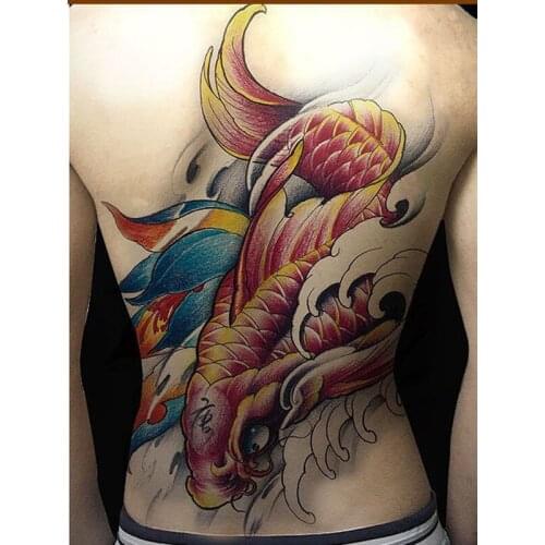Large Full back temporary tattoos waterproof color carp fish and lotus flower fake tattoo for women men body art paint 48*34cm