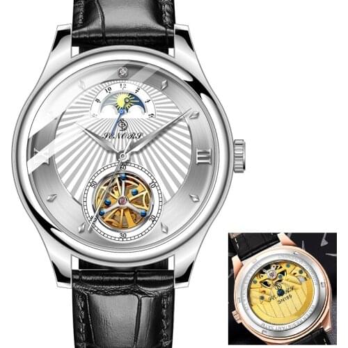 SENORS SN169 Moon Phase Mechanical Wristwatch Skeleton Tourbillon Automatic Leather Watch Men Watches Male Clock reloj hombre