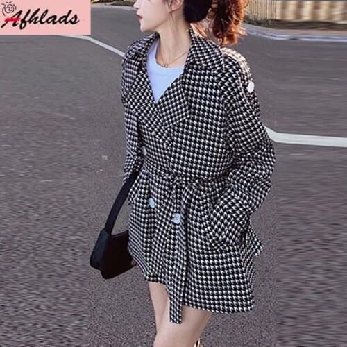Black And White Plaid Outerwear Female Spring Autumn 2021 New Style Thin Houndstooth Double-Breasted Turn-Down Collar Jackets