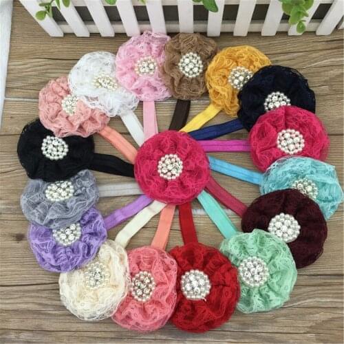 XIMA 3.5" Lace Flower Headbands Lace Flower Sew With Rhinestone&Pearl Flower for Kids Hair Accessories 16pcs/lot