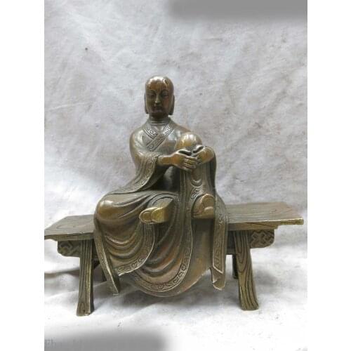 DS Brass sculpture China carved fine copper buddhism buddha wooden bench Statue