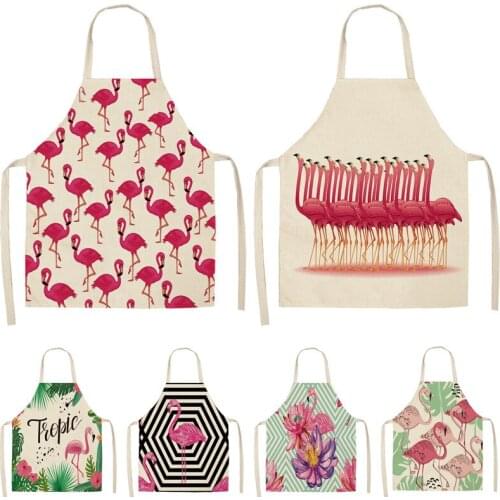 Flamingo Leaf Pattern Cotton Linen Apron Home Cooking Baking Coffee Shop Clean Apron Kitchen Accessories Ladies Men Children