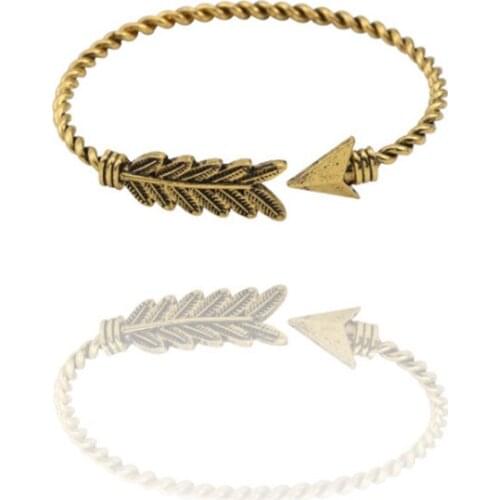 FYJS Unique 3 Colors Alloy Feather Open Bangle Vintage Style Round Jewelry