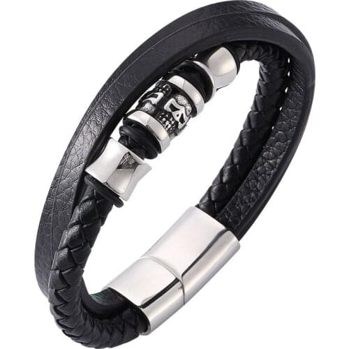 Fashion Men Jewelry Punk Black Multilayer Braided Leather Wrap Bracelet Male Stainless Steel Skull Bracelet Accessories SP0209