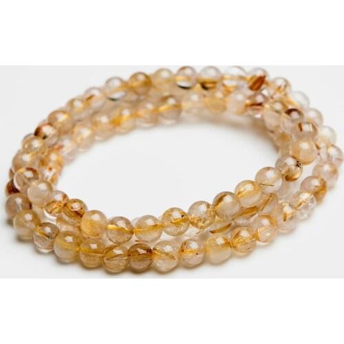 6mm Genuine Natural Yellow Gold Titanium Rutilated Quartz Crystal Round Bead Fashion Jewelry Three Times Charm Stretch Bracelet