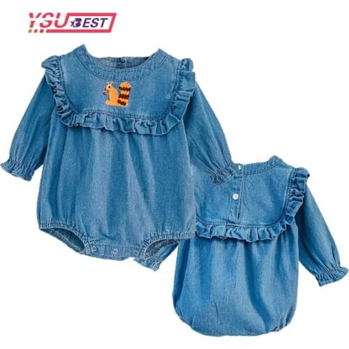0-3Y Toddler Kids Girl Baby Boy Denim Clothes Long Sleeve Bodysuit Cartoon Squirrel Spring New Jumpsuit Outfit Baby Clothes
