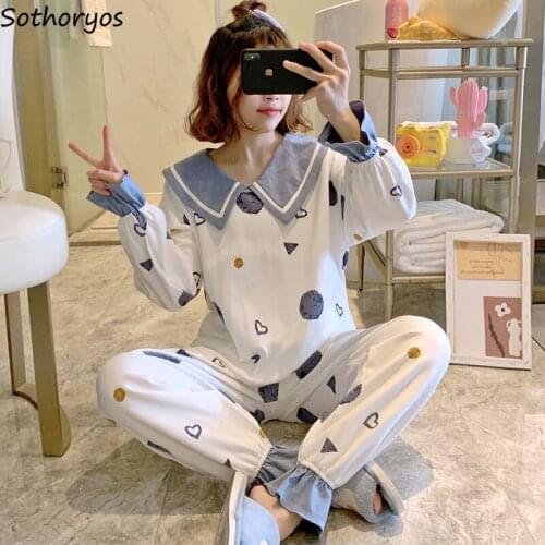 Pajama Sets Women Ruffles Sailor Collar Print Loose Sweet Lovely Princess Spring Soft Student Fashion SleepWear Pyjamas Elegant