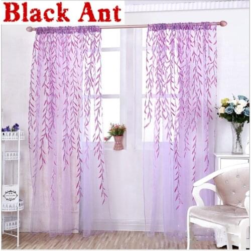Rod Poclet Tulle Curtain Printed Willow Leaves For Living Room Window Blinds Drape Beautiful Door Kitchen Voile Sheer X-JD882